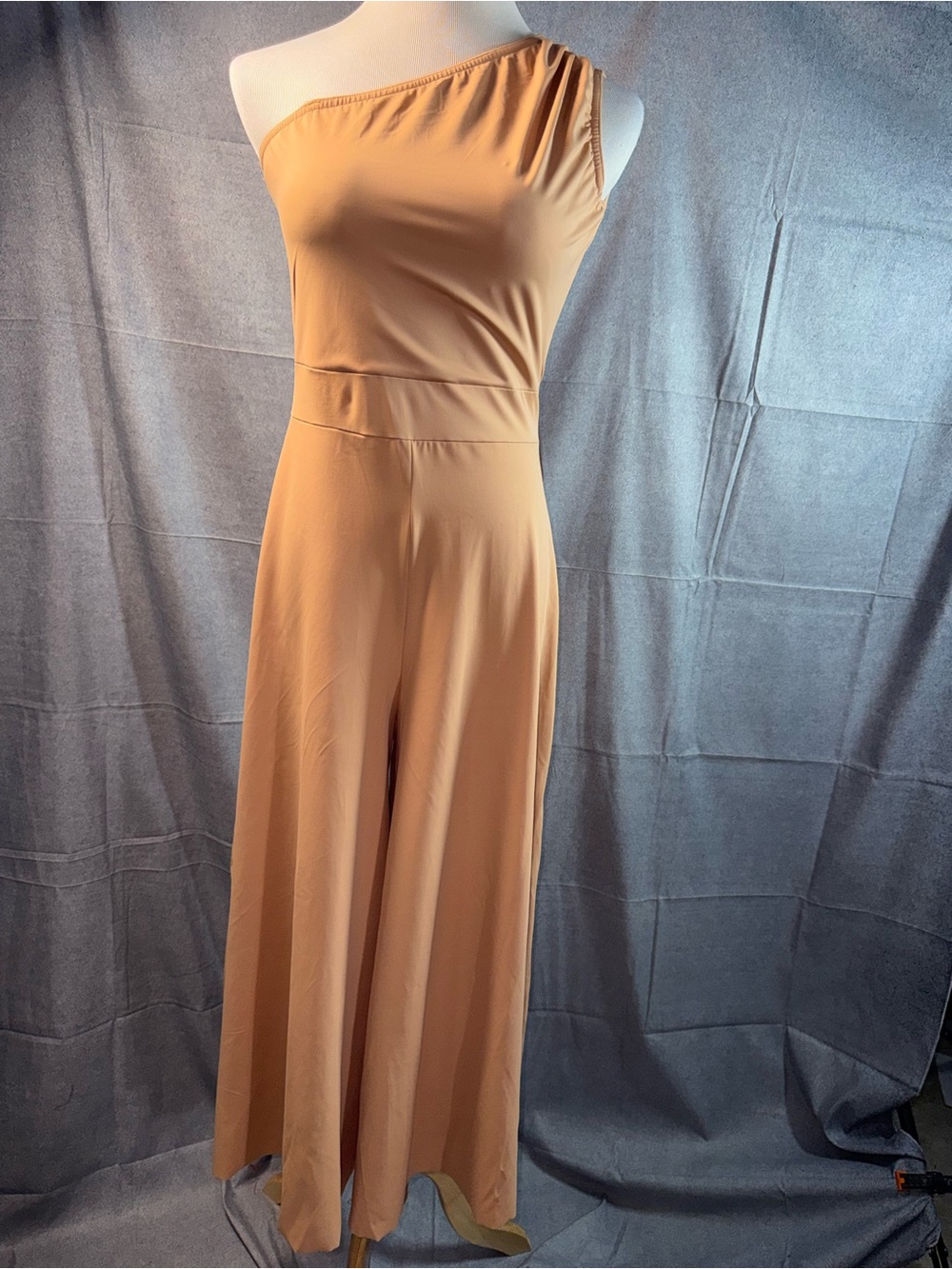 1840-Kelle Asymmetrical One-Shoulder Dance Jumpsuit in Camel